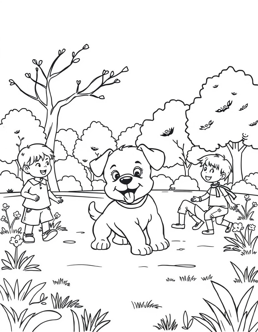 puppy playing with children in the park