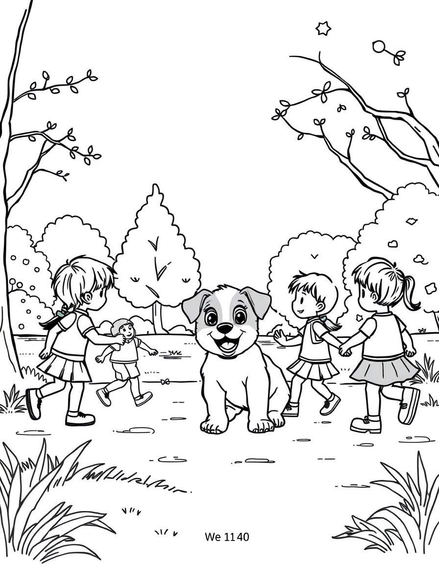 puppy playing with children in the park