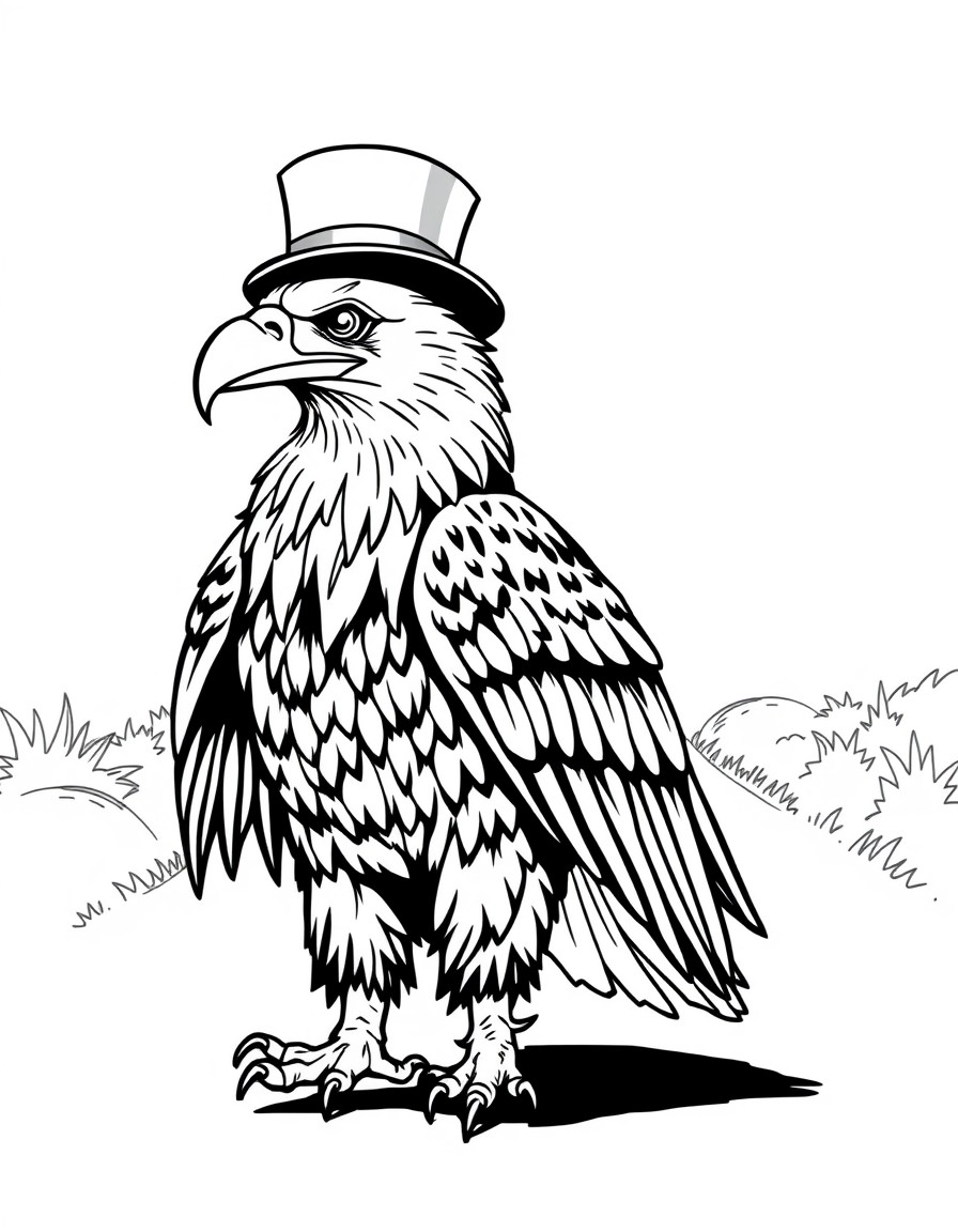 bald eagle wearing a top hat walking down the yellow brick road in an anime style