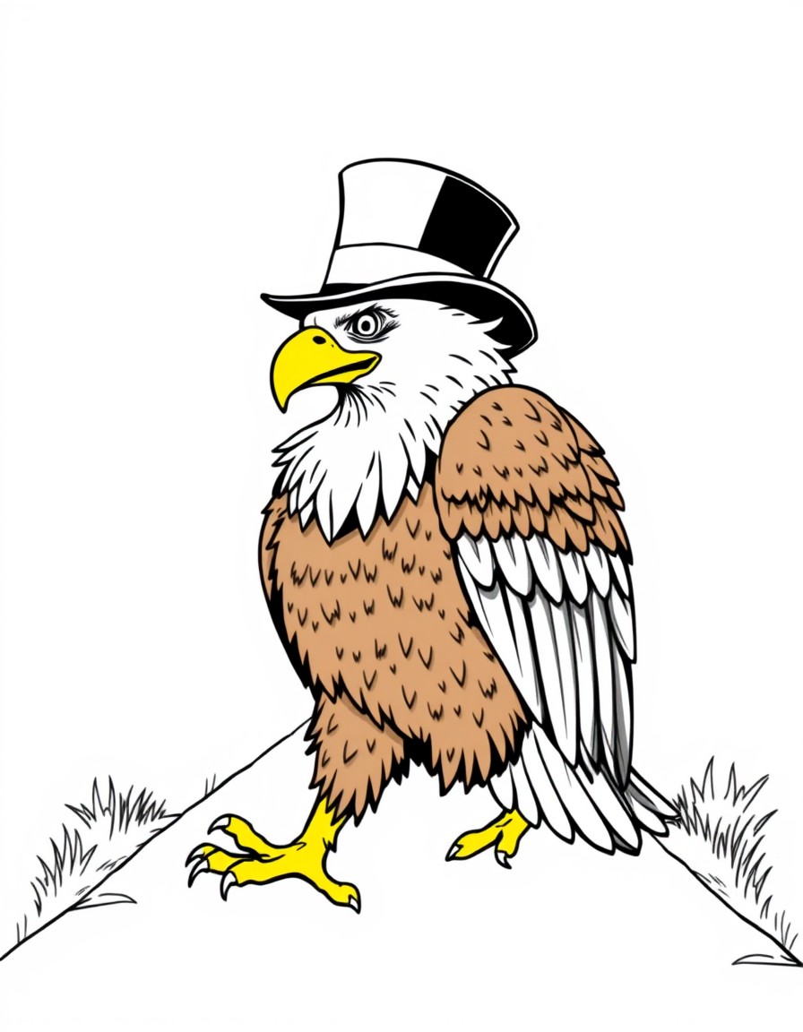 bald eagle wearing a top hat walking down the yellow brick road in an anime style