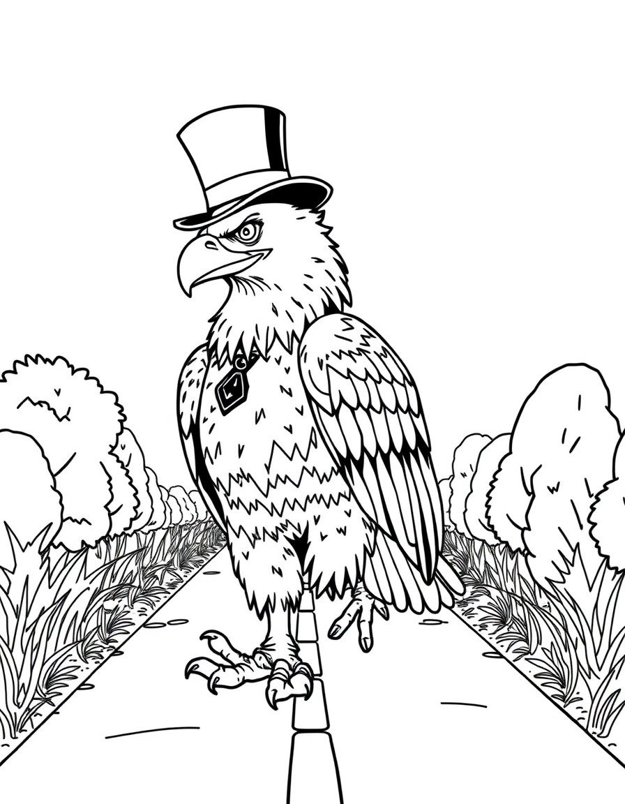 bald eagle wearing a top hat walking down the yellow brick road in an anime style
