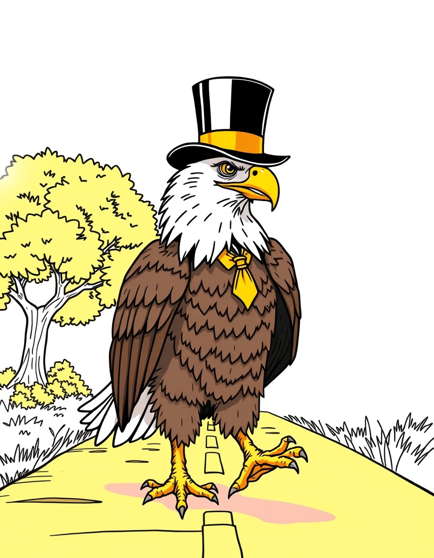 bald eagle wearing a top hat walking down the yellow brick road in an anime style