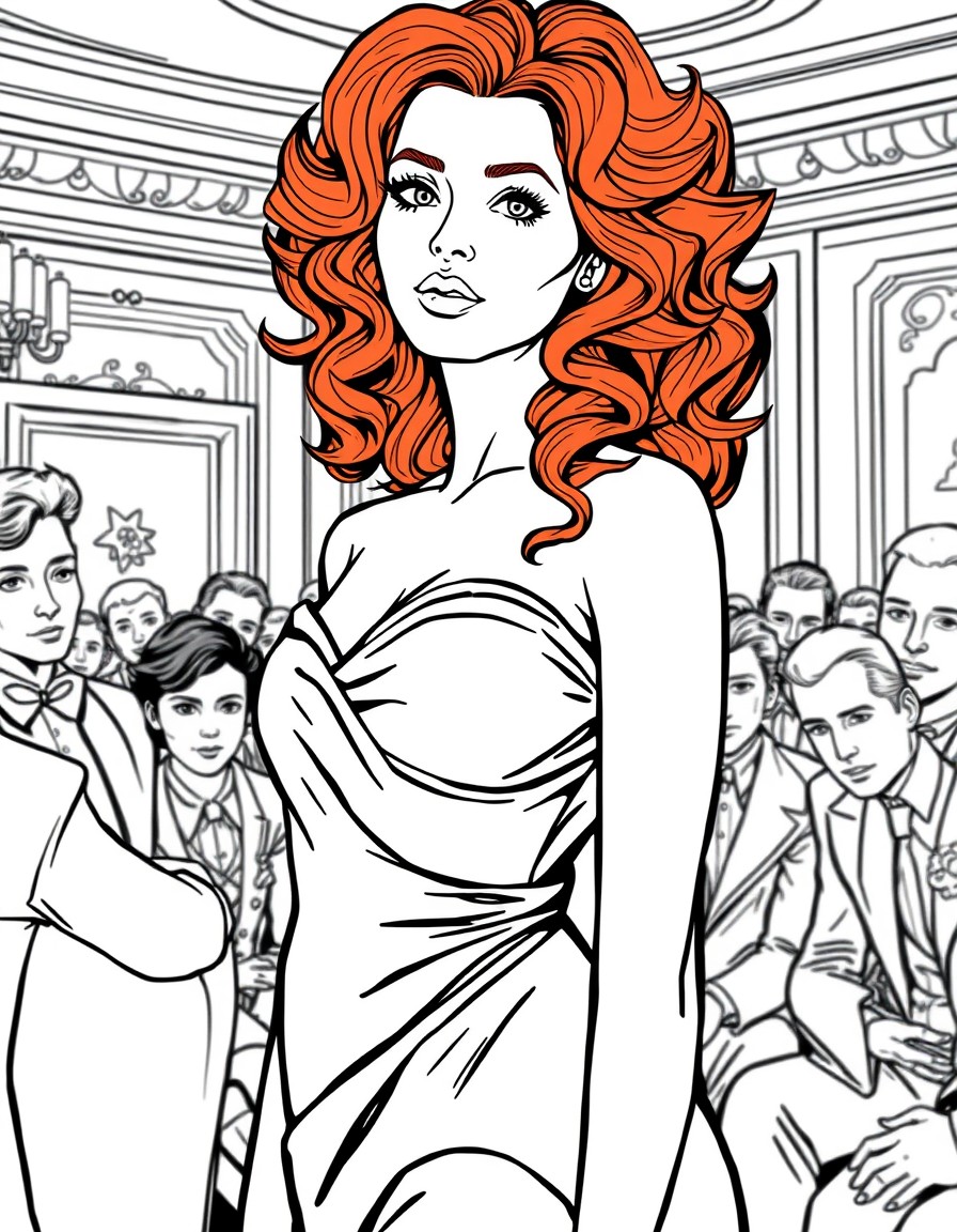 A fit red headed girl with curls with a silky gown on. She has a look of seduction on her face. She is in a room full of men.