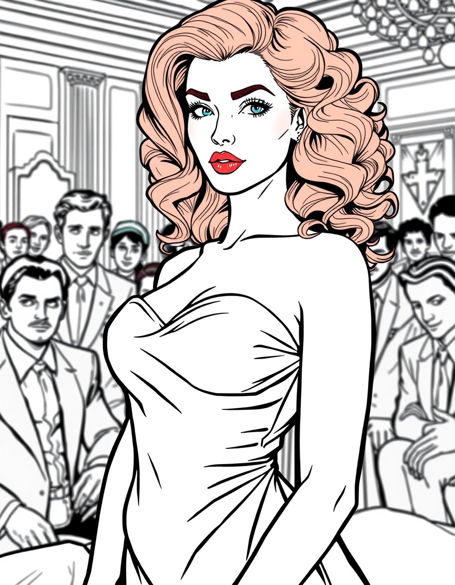 A fit red headed girl with curls with a silky gown on. She has a look of seduction on her face. She is in a room full of men.