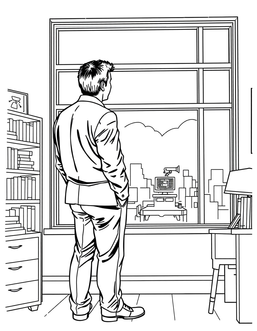 Hank reardon in his office standing at the window looking at his Mills, his back facing us