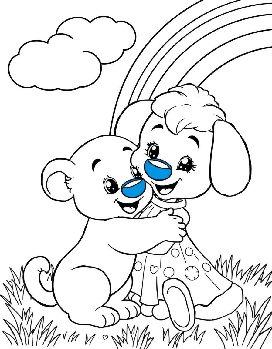 A cute Bluey with his mum under a rainbow hugging.