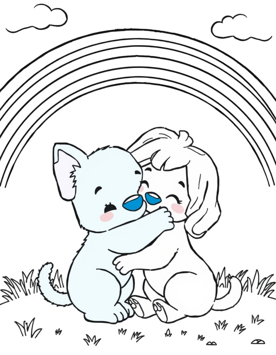 A cute Bluey with his mum under a rainbow hugging.