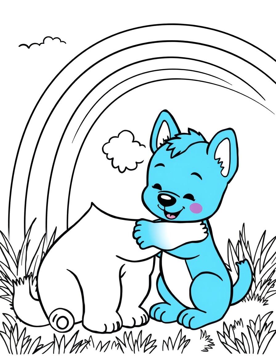 A cute Bluey with his mum under a rainbow hugging.