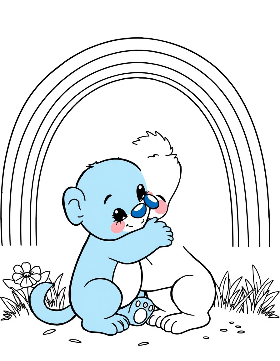 A cute Bluey with his mum under a rainbow hugging.