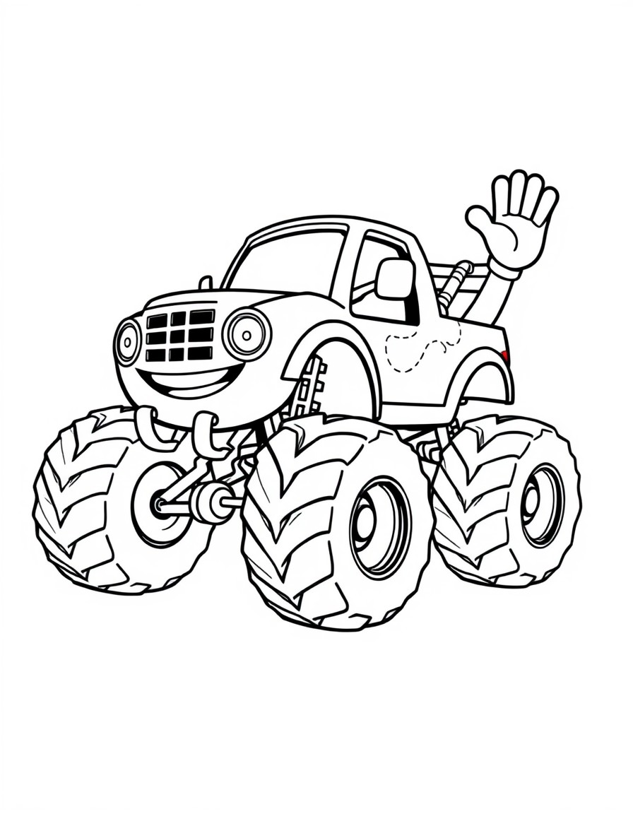 A cute monstertruck smiling and waving using its front wheel