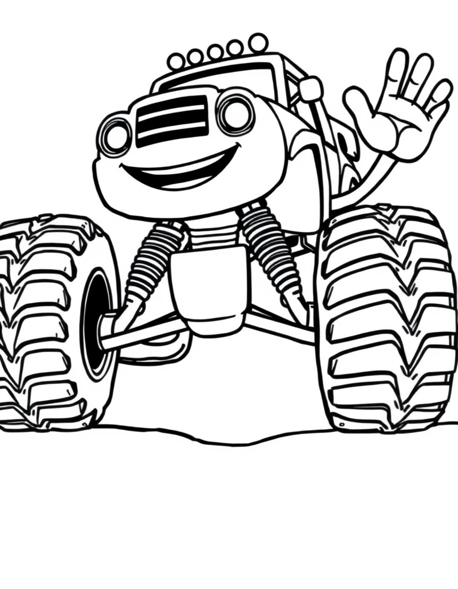 A cute monstertruck smiling and waving using its front wheel