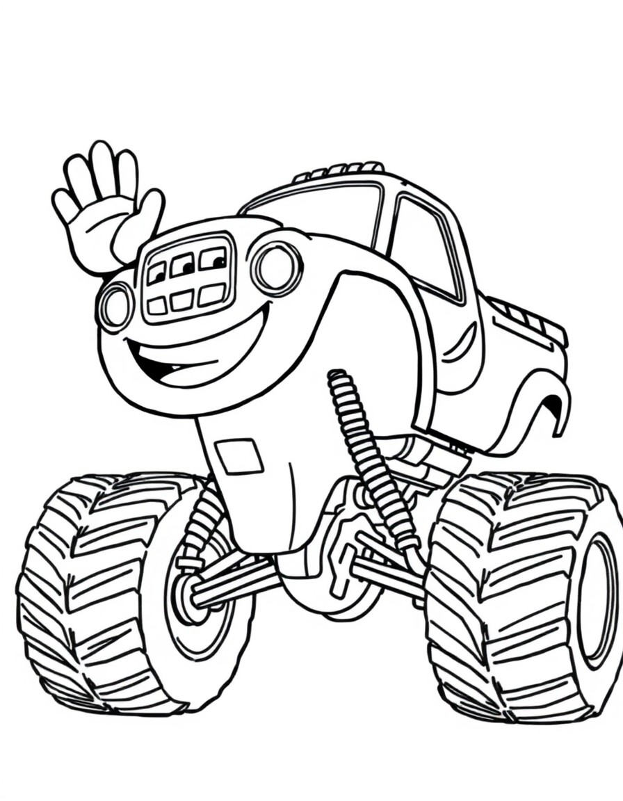 A cute monstertruck smiling and waving using its front wheel