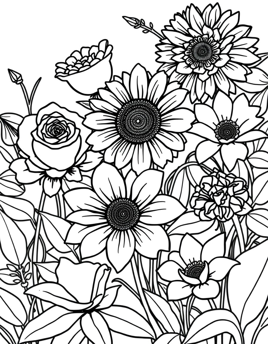 A black-and-white line drawing of a beautiful garden, designed for a coloring page with bold, thick outlines. The garden features large flowers like roses, sunflowers, and lilies, along with leafy pla