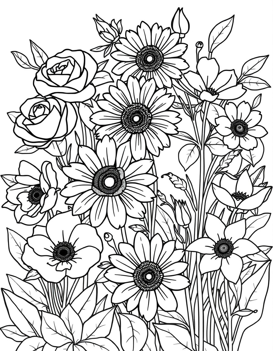 A black-and-white line drawing of a beautiful garden, designed for a coloring page with bold, thick outlines. The garden features large flowers like roses, sunflowers, and lilies, along with leafy pla