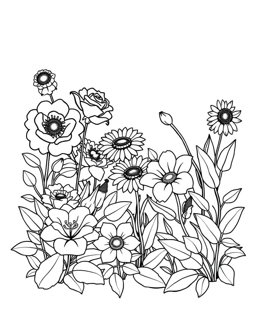 A black-and-white line drawing of a beautiful garden, designed for a coloring page with bold, thick outlines. The garden features large flowers like roses, sunflowers, and lilies, along with leafy pla