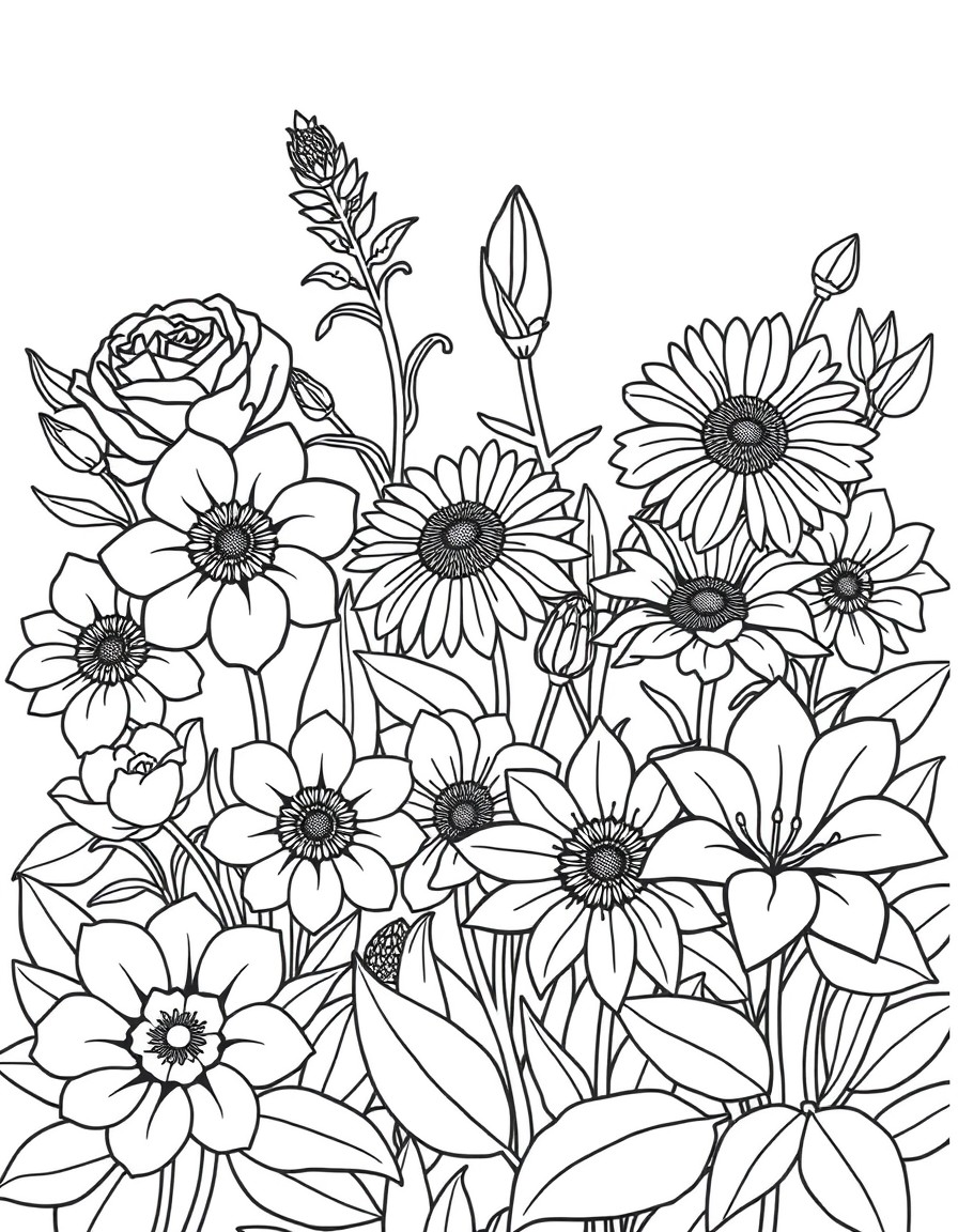 A black-and-white line drawing of a beautiful garden, designed for a coloring page with bold, thick outlines. The garden features large flowers like roses, sunflowers, and lilies, along with leafy pla