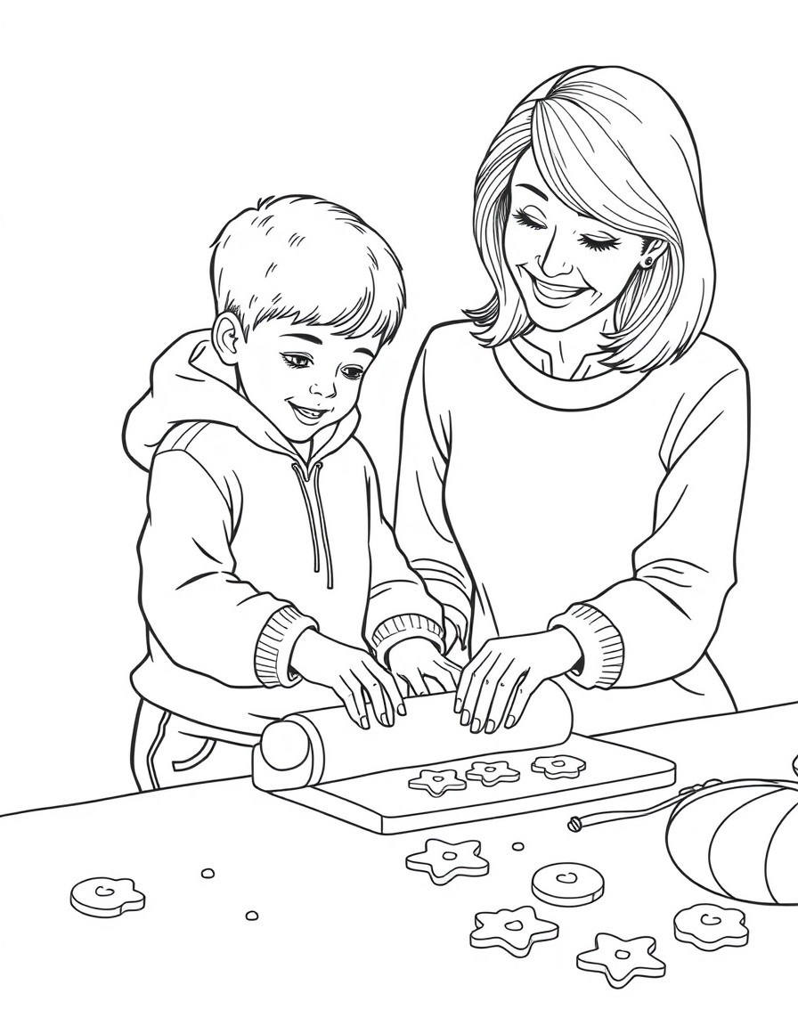 A young boy in a hoody and soft tracksuit pants rolls out cookies with his mum. She is a middle aged woman with lovely shoulder length hair and she smiles as they cut out the cookies together.