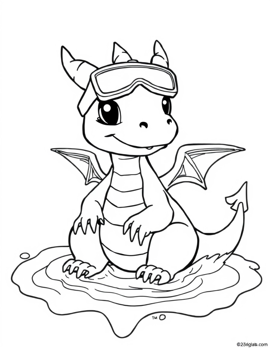 A baby dragon wearing goggles, splashing in a chocolate fountain with cookie rafts