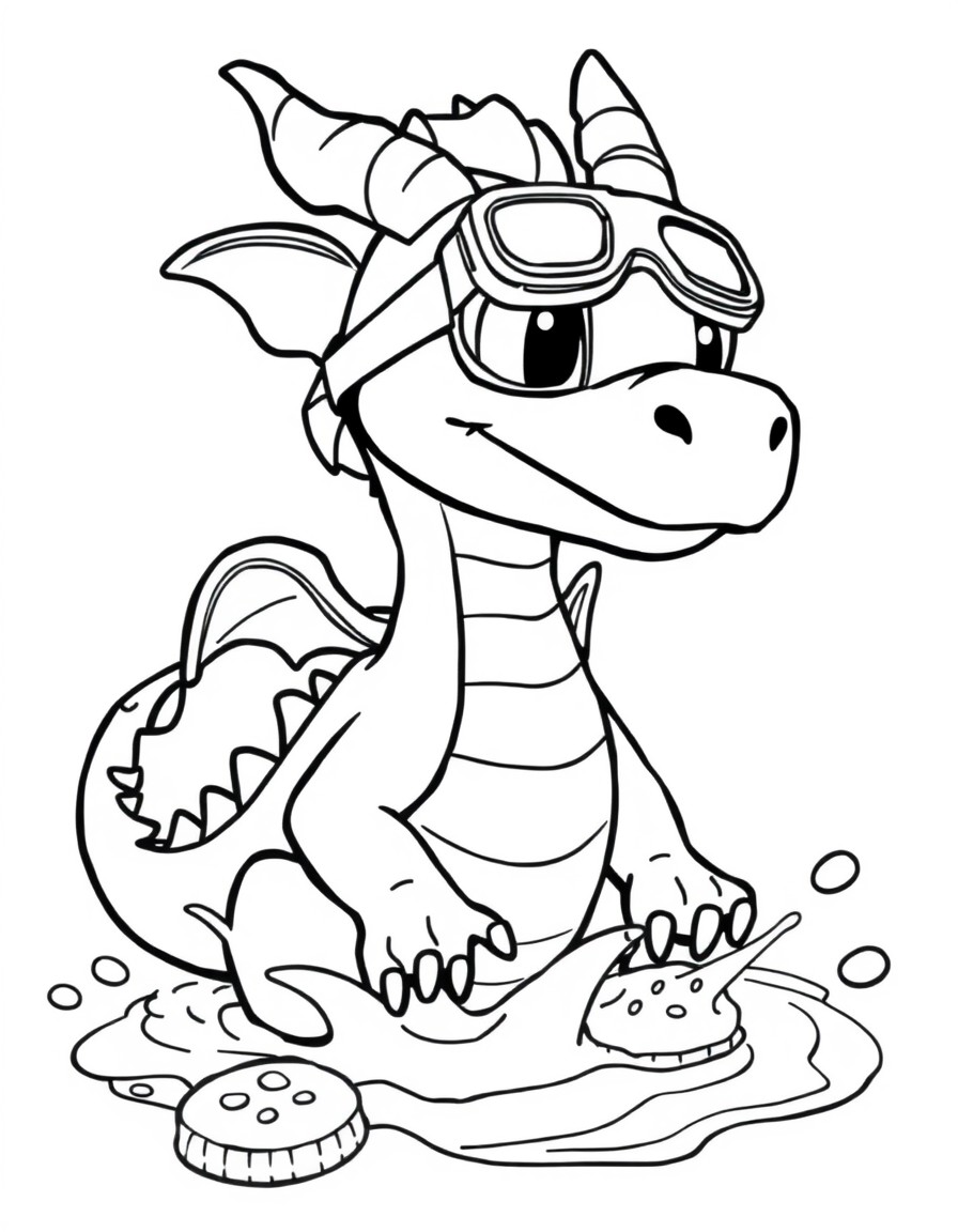 A baby dragon wearing goggles, splashing in a chocolate fountain with cookie rafts