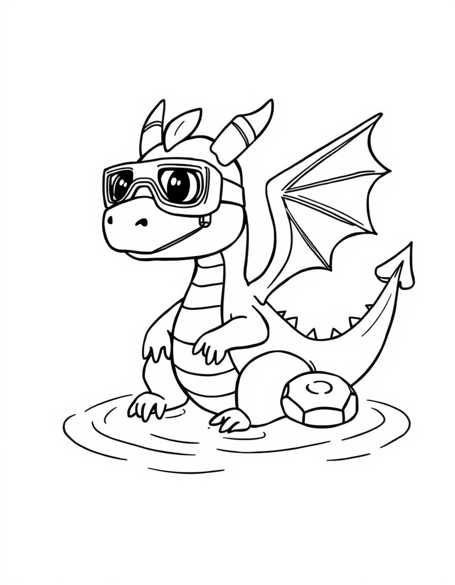 A baby dragon wearing goggles, splashing in a chocolate fountain with cookie rafts