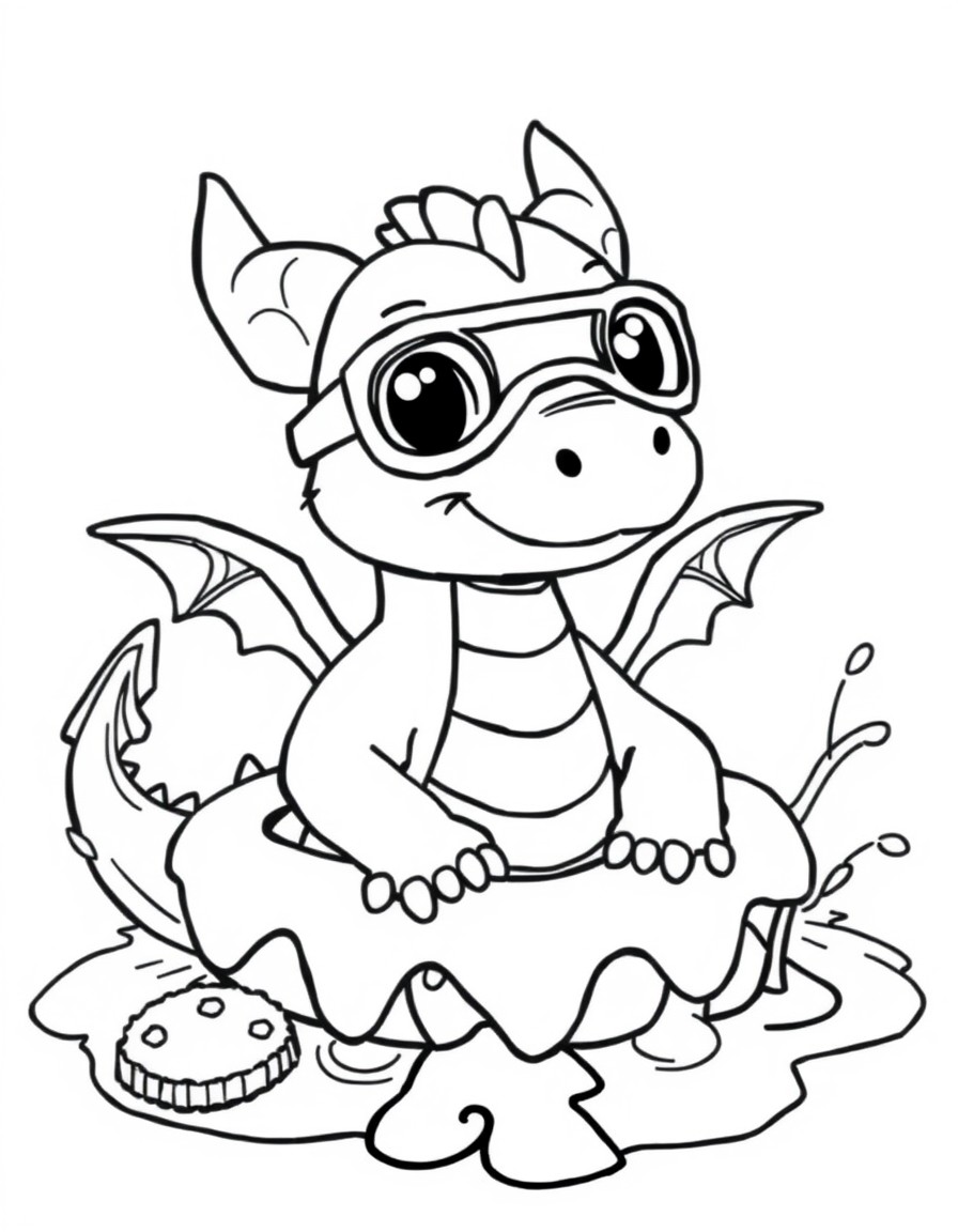 A baby dragon wearing goggles, splashing in a chocolate fountain with cookie rafts