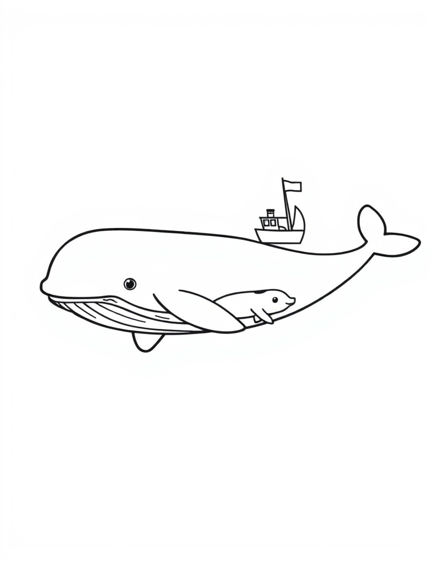 a whale with a baby whale swiming next to her, and a boat sailing by them