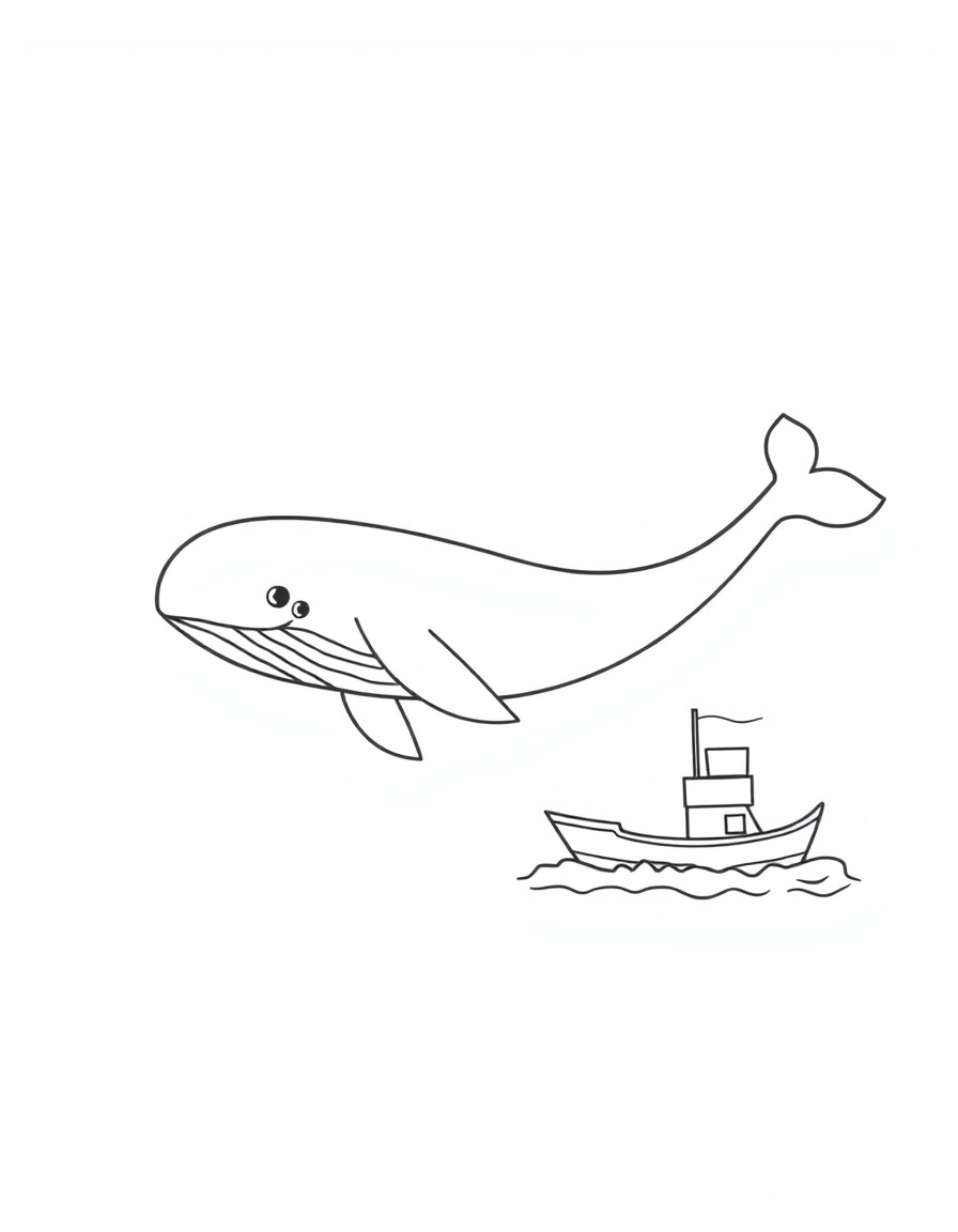 a whale with a baby whale swiming next to her, and a boat sailing by them