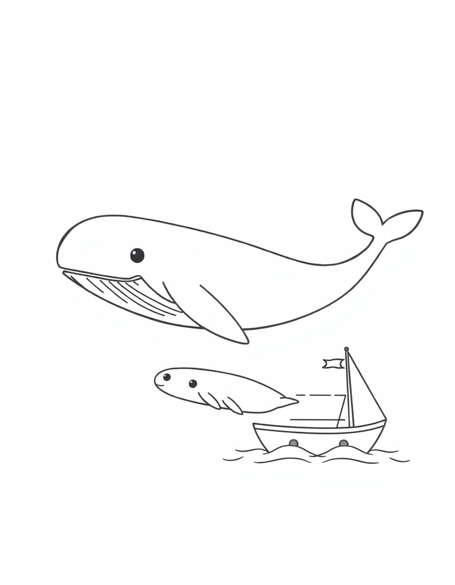 a whale with a baby whale swiming next to her, and a boat sailing by them