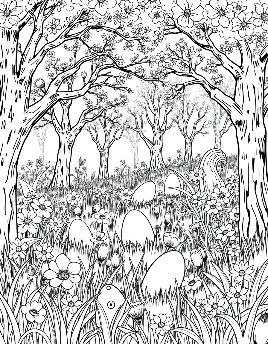 A complex spring scene with trees, flowers, and hidden Easter eggs among the grass, designed for adult coloring.