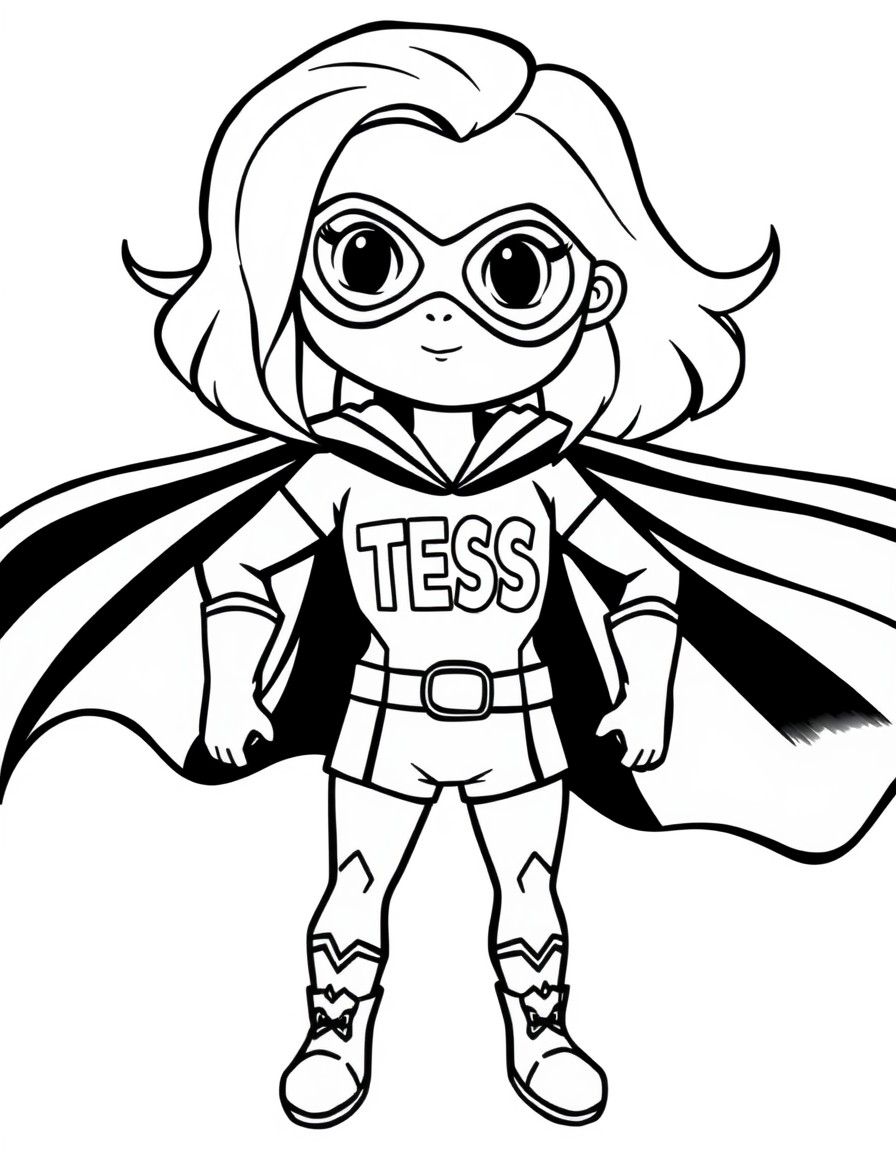 black and white, white background, coloring page of cute tiny superhero with the text "TESS" on her chest with black lines and a white background