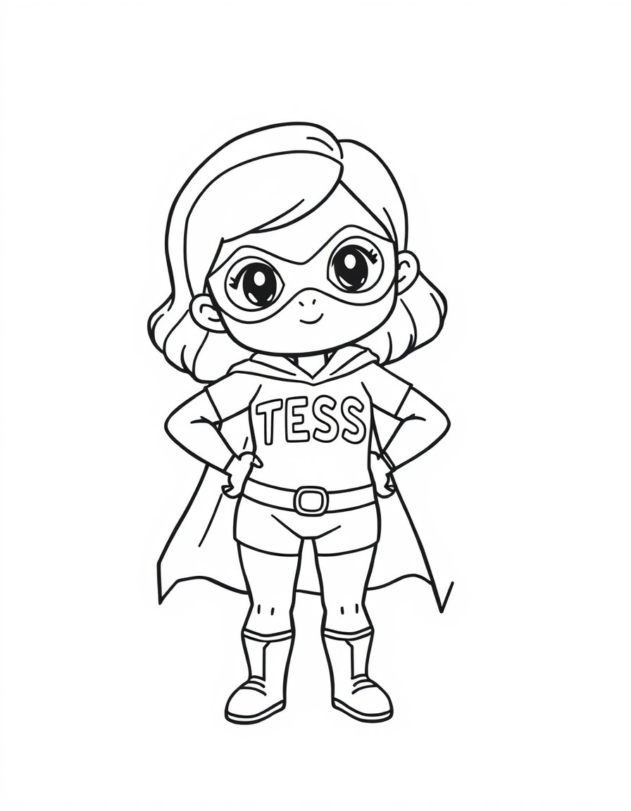 black and white, white background, coloring page of cute tiny superhero with the text "TESS" on her chest with black lines and a white background