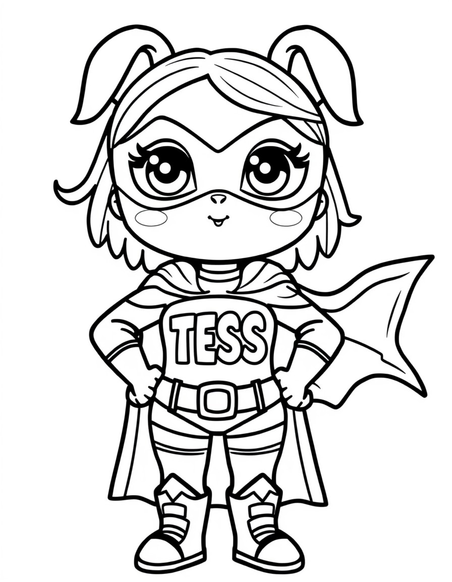 black and white, white background, coloring page of cute tiny superhero with the text "TESS" on her chest with black lines and a white background