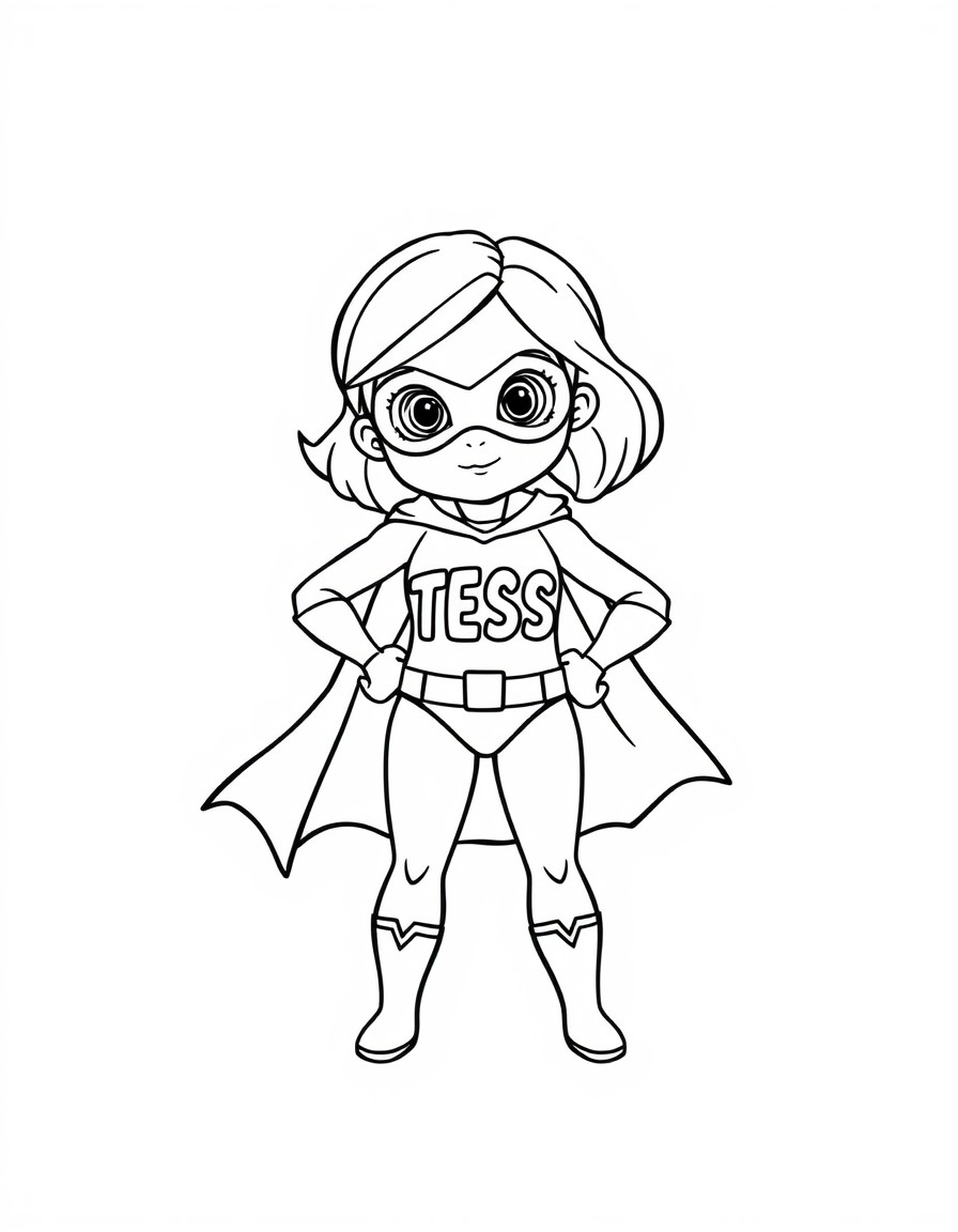 black and white, white background, coloring page of cute tiny superhero with the text "TESS" on her chest with black lines and a white background