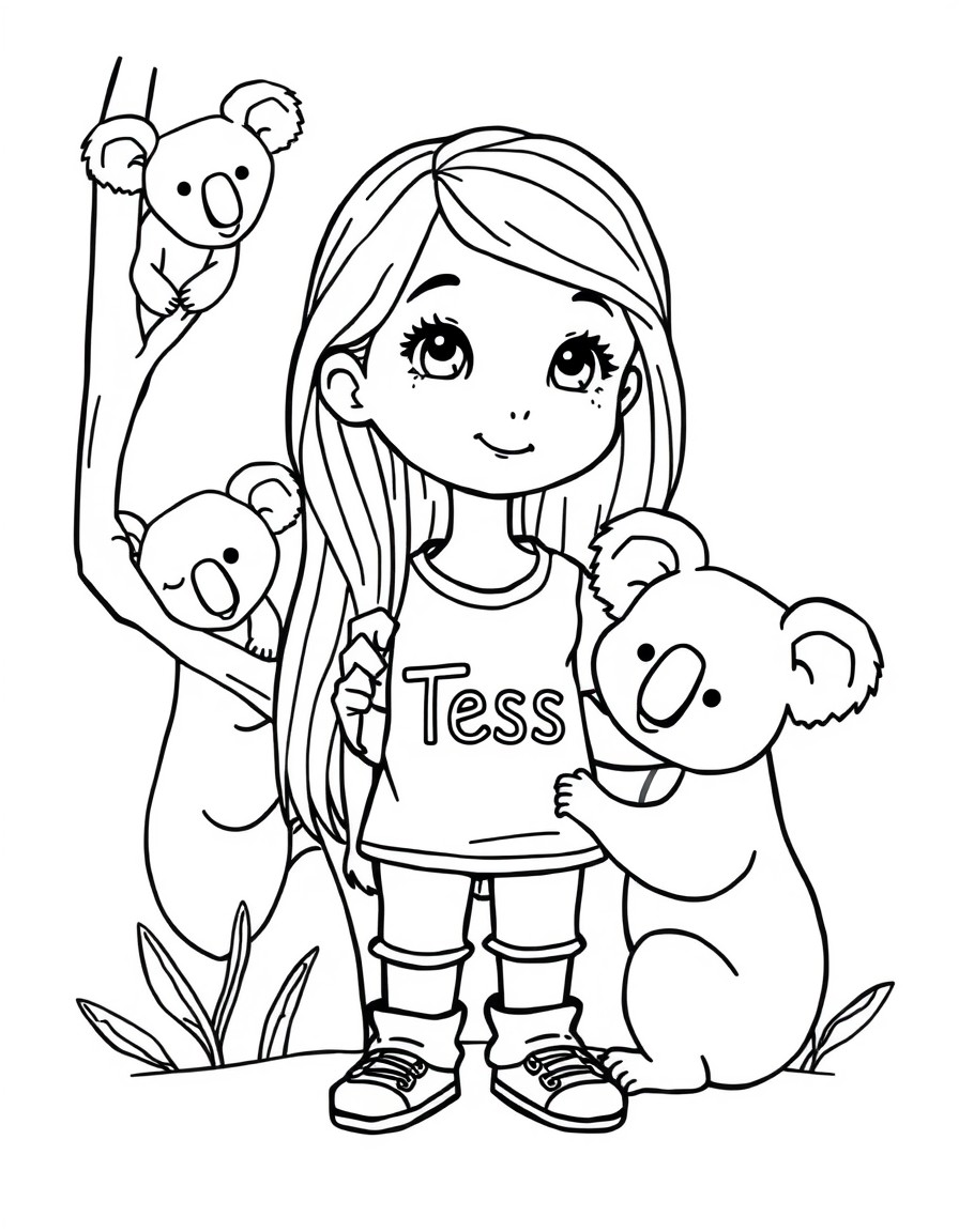 Cute 8 year old girl with long hair with the name Tess on her shirt in the zoo taking care of koalas.