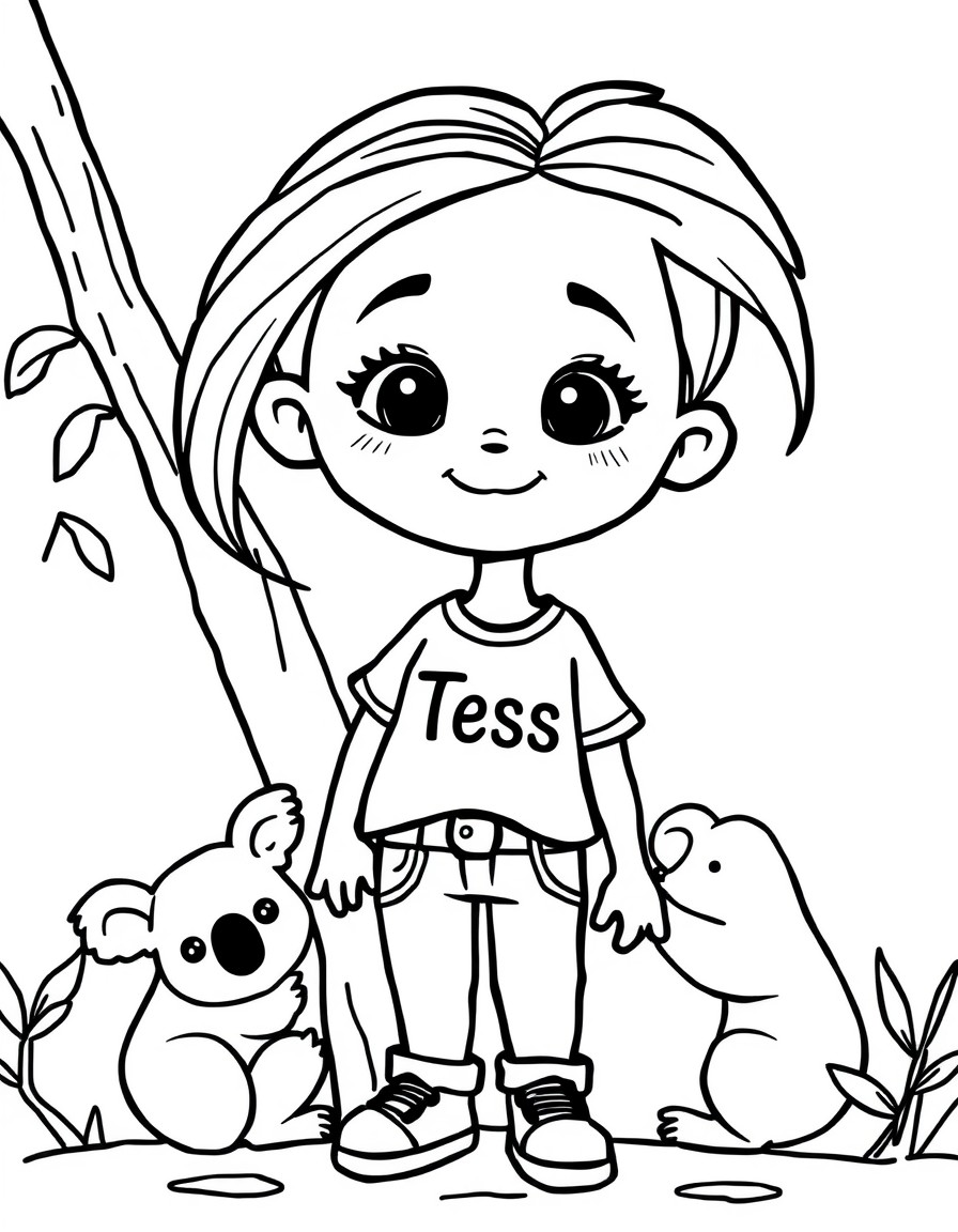 Cute 8 year old girl with long hair with the name Tess on her shirt in the zoo taking care of koalas.