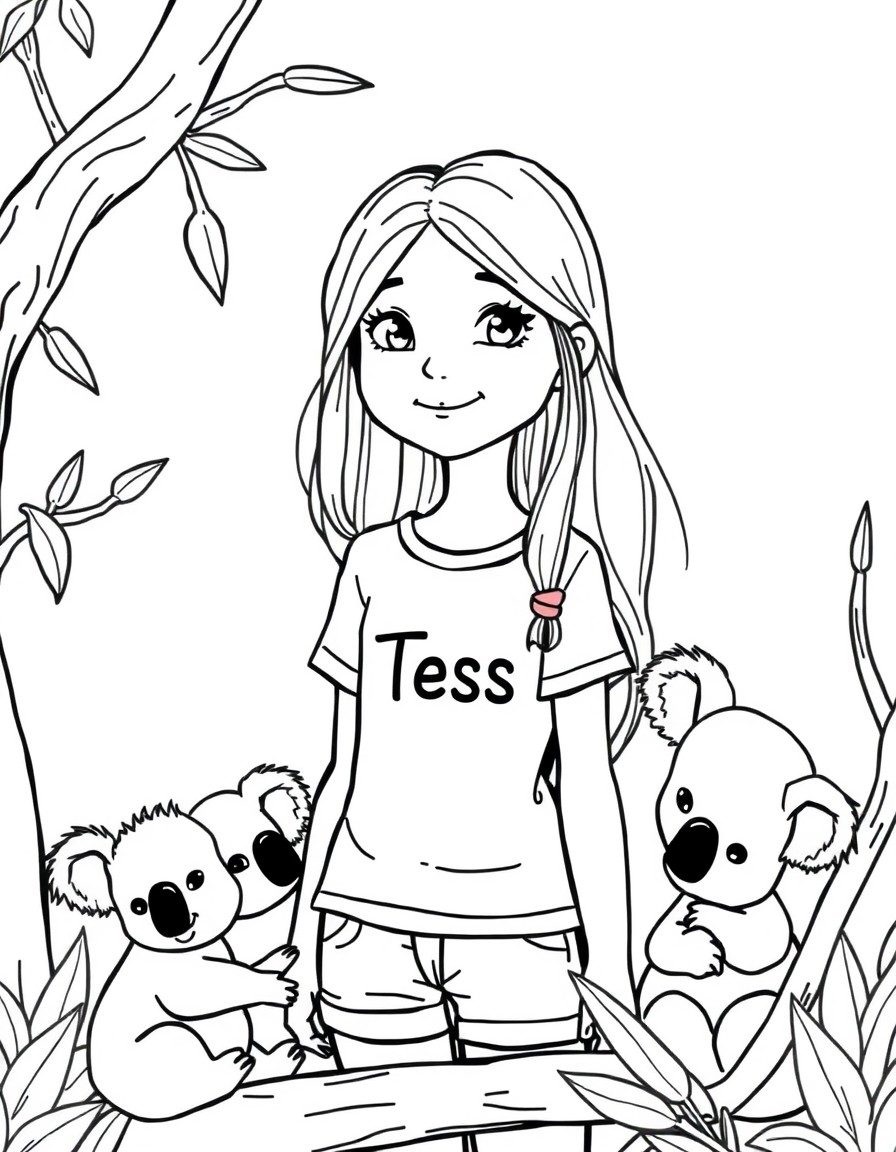 Cute 8 year old girl with long hair with the name Tess on her shirt in the zoo taking care of koalas.