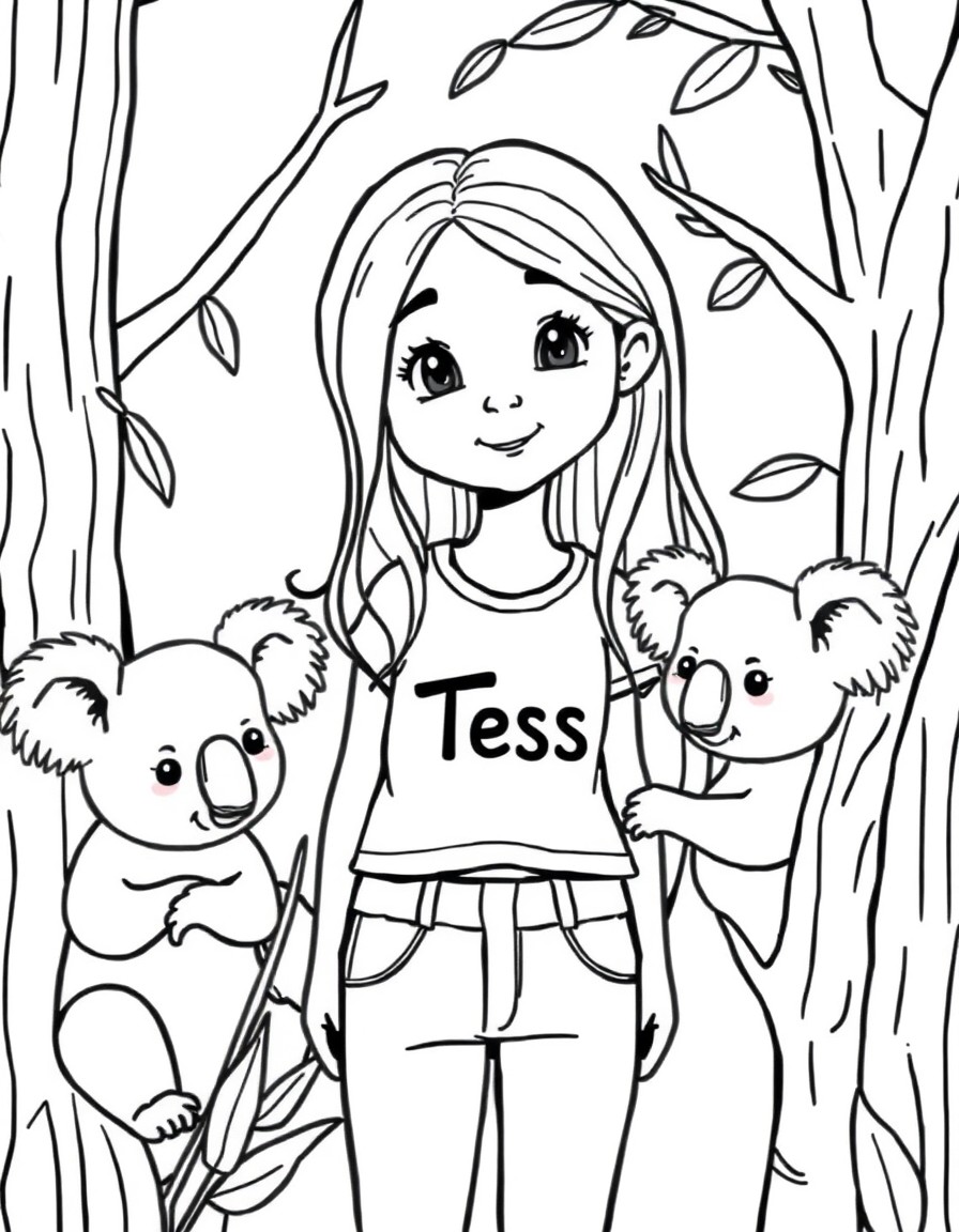 Cute 8 year old girl with long hair with the name Tess on her shirt in the zoo taking care of koalas.