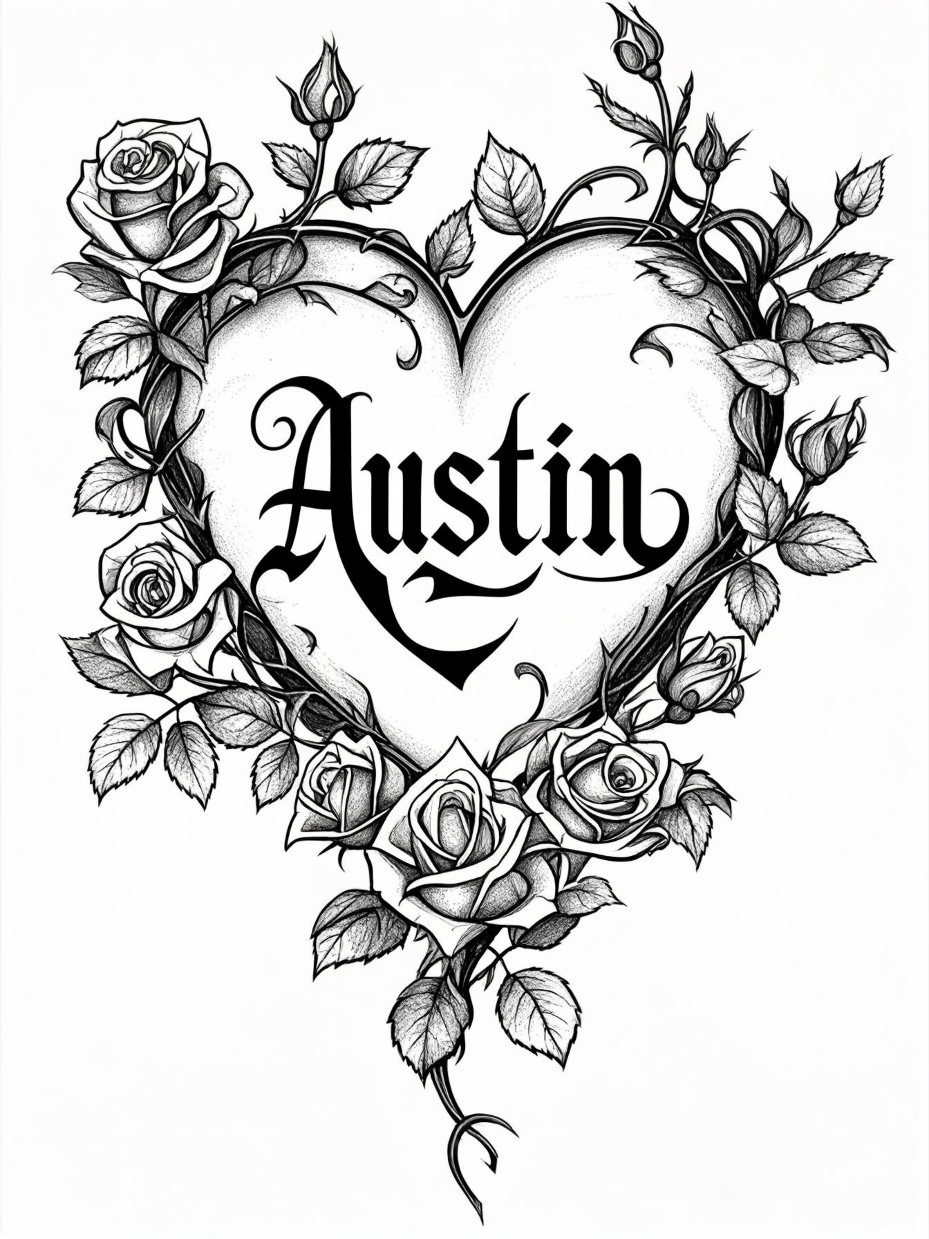 A complicated design of a heart with the name Austin in cursive in the middle of the heart with rose vines all around the heart