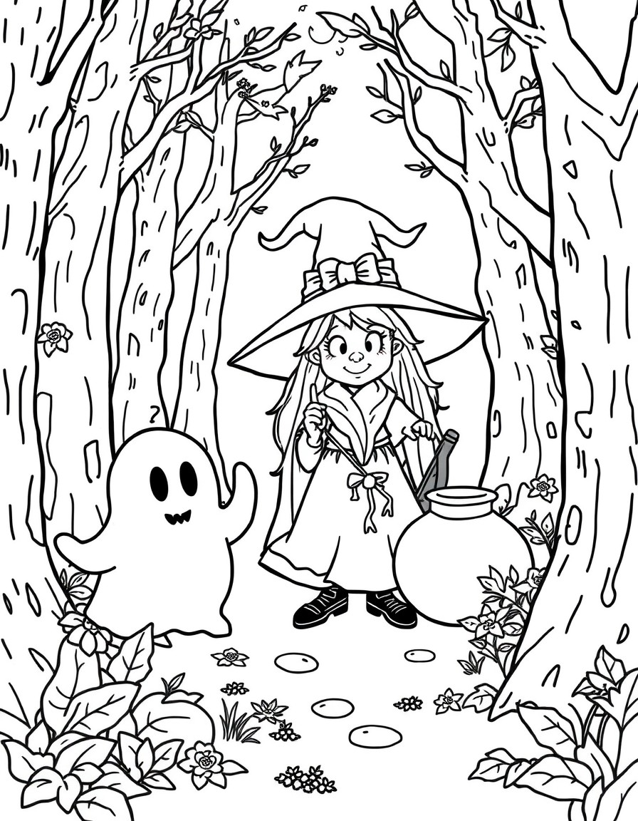 a cute witch in the woods with a friendly ghost brewing potions