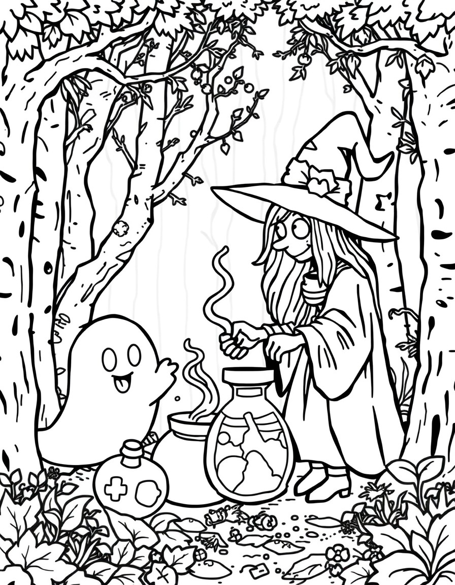 a cute witch in the woods with a friendly ghost brewing potions