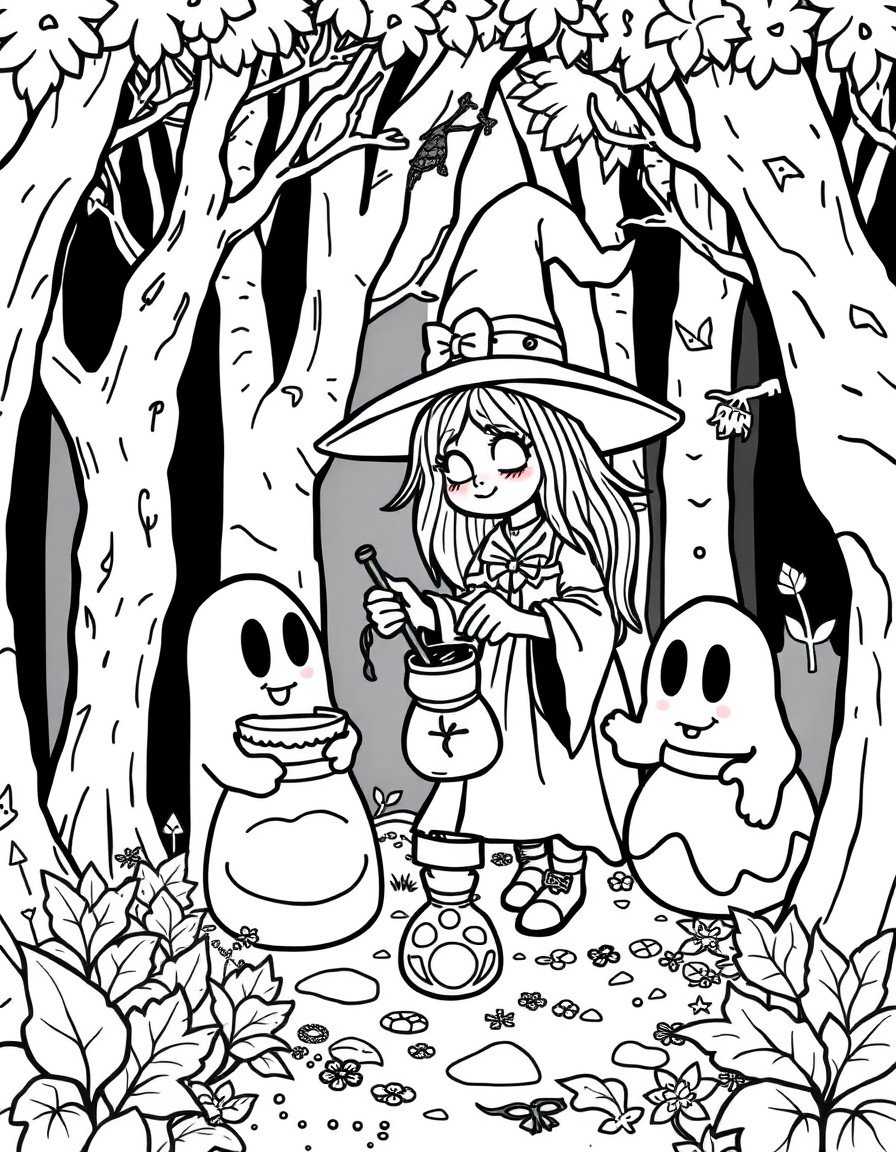 a cute witch in the woods with a friendly ghost brewing potions