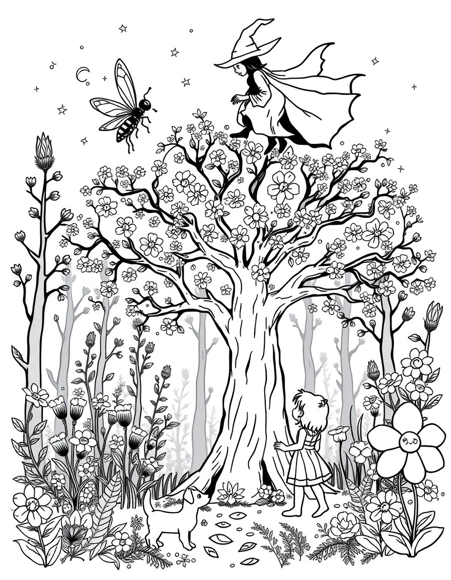 Firefly flying over a magical tree in a forest with many big flowers while a little girl an her dog are walking around and looking it lovely.  And a shadow witch appears at the top, creating fear