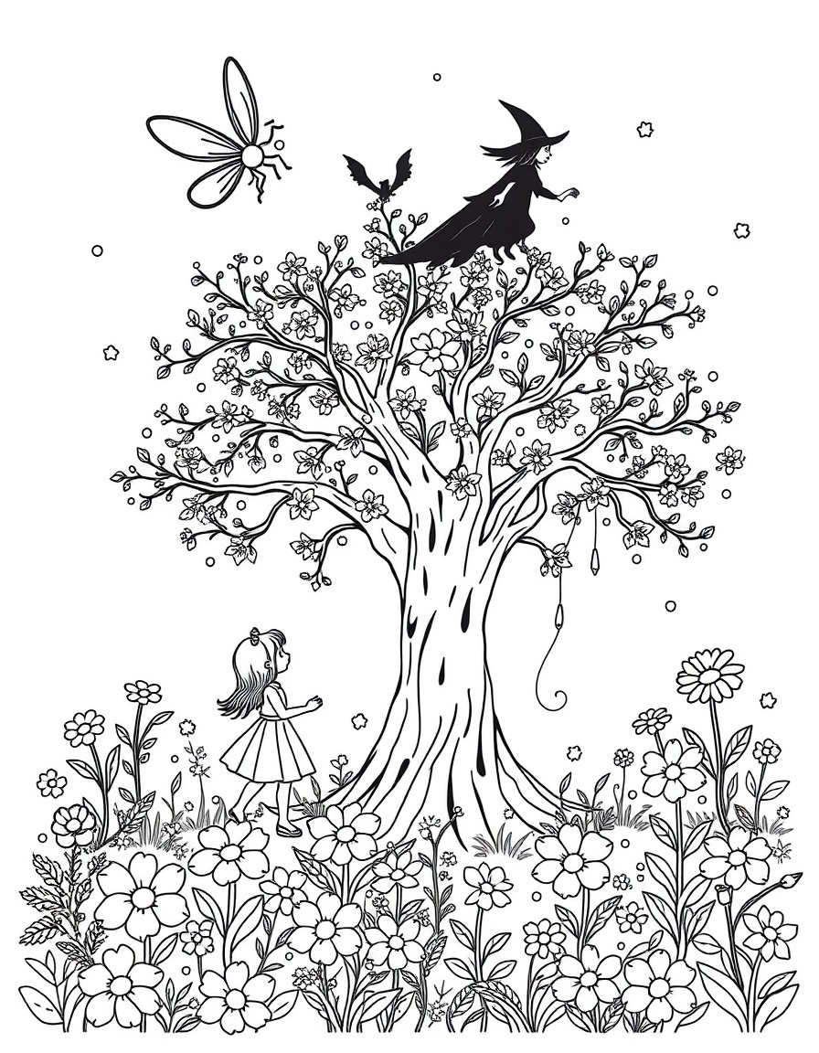 Firefly flying over a magical tree in a forest with many big flowers while a little girl an her dog are walking around and looking it lovely.  And a shadow witch appears at the top, creating fear