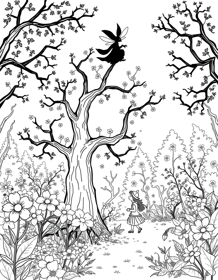 Firefly flying over a magical tree in a forest with many big flowers while a little girl an her dog are walking around and looking it lovely.  And a shadow witch appears at the top, creating fear