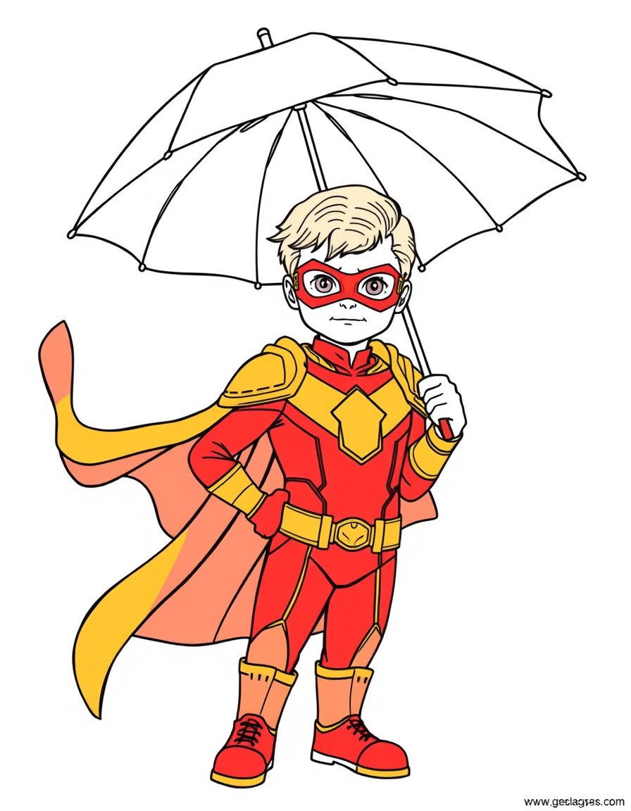 12 year old superhero with red and gold uniform with an umbrella