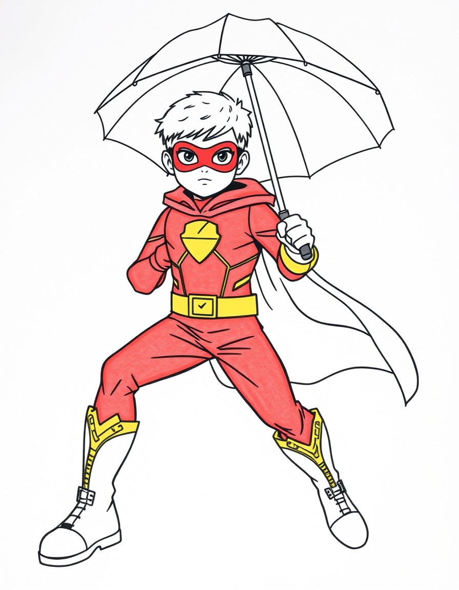 12 year old superhero with red and gold uniform with an umbrella