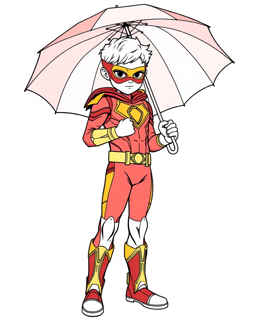 12 year old superhero with red and gold uniform with an umbrella