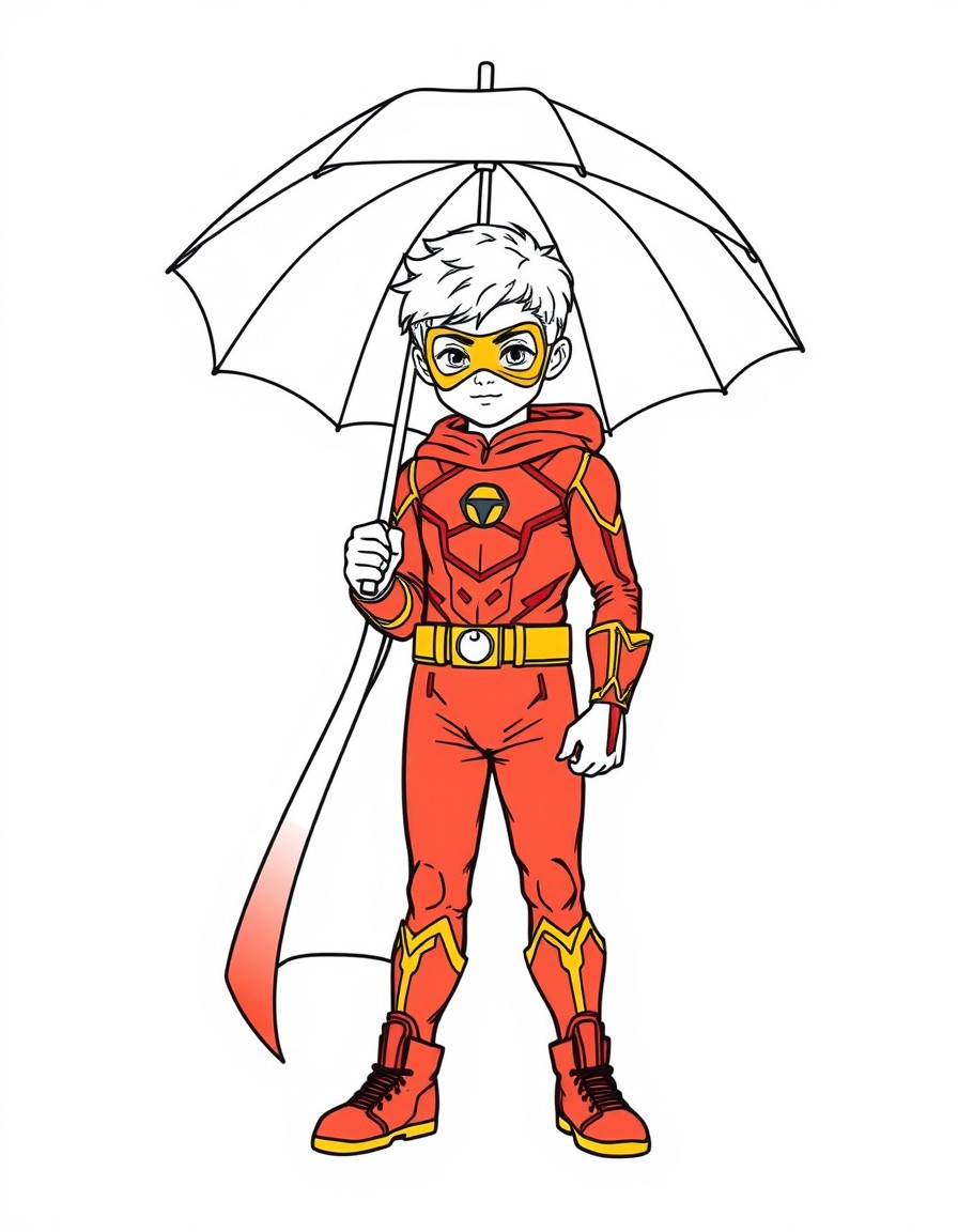 12 year old superhero with red and gold uniform with an umbrella
