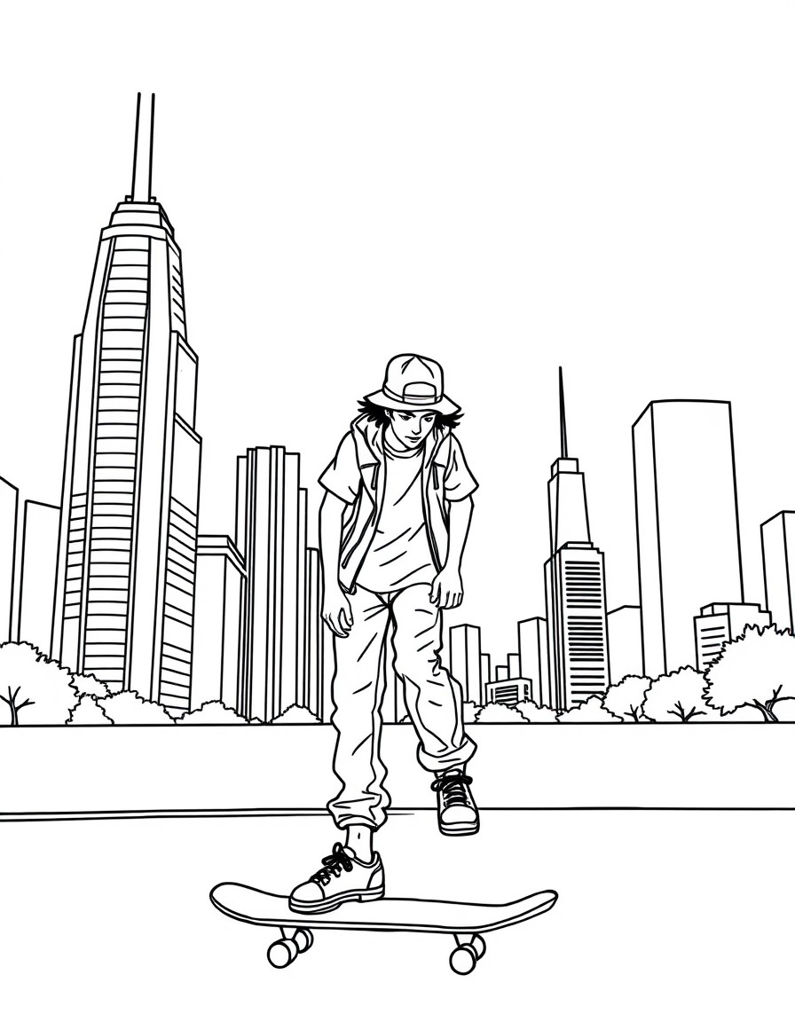 in the background skyscrapers, clear sky. In the foreground a skater on his skateboard with skater clothes with a hat on his head of transgender sex