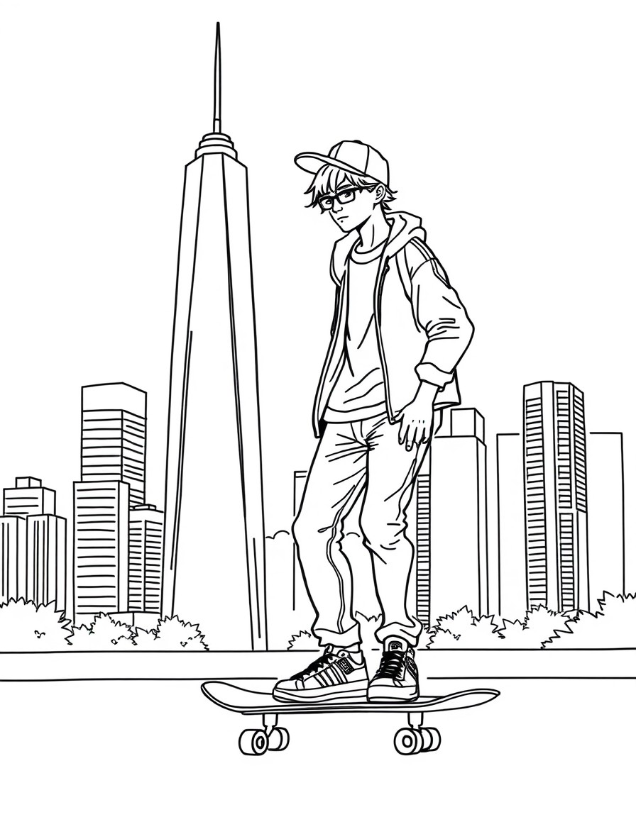 in the background skyscrapers, clear sky. In the foreground a skater on his skateboard with skater clothes with a hat on his head of transgender sex